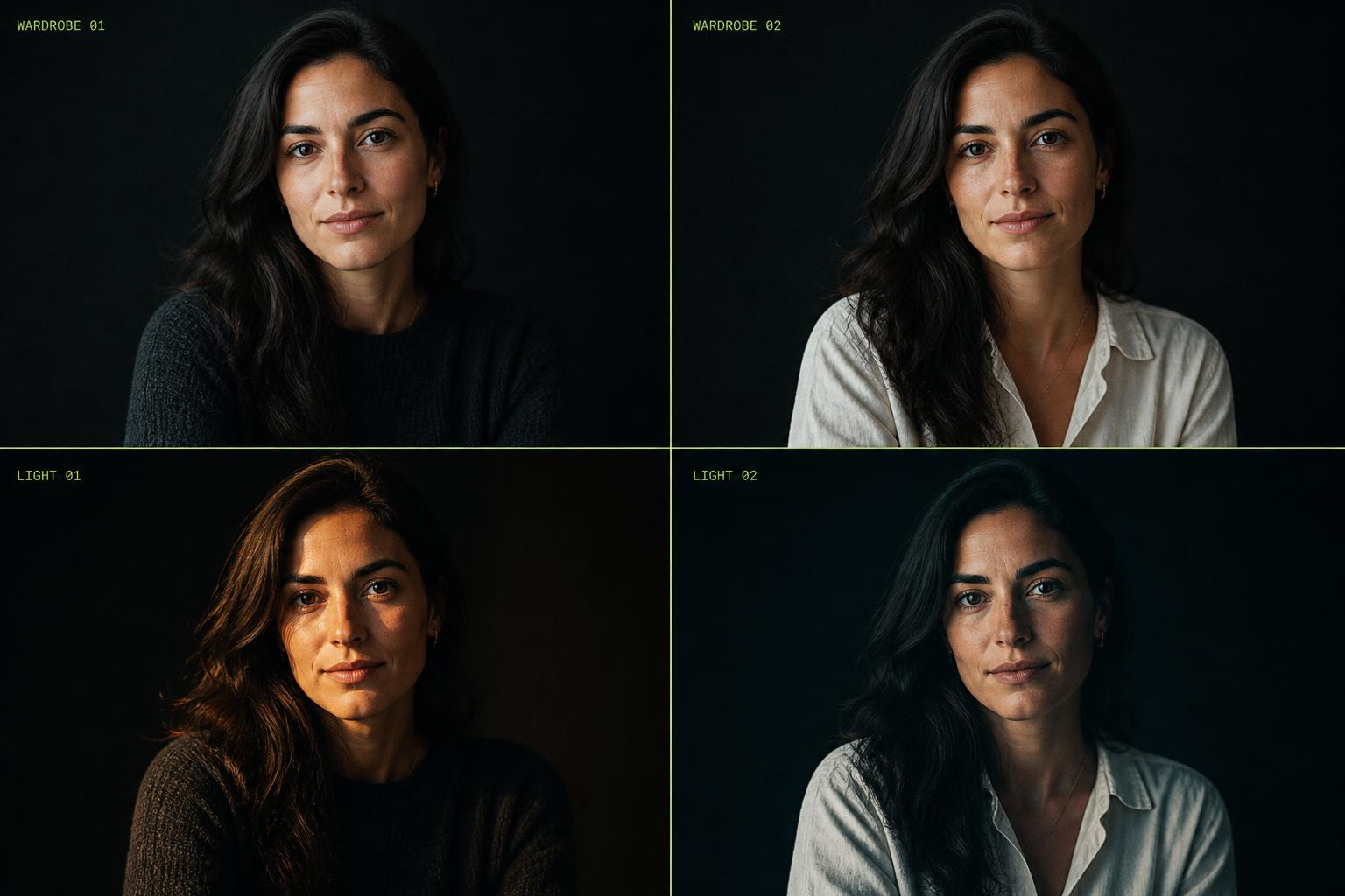 Two by two grid showing the avatar in different wardrobes and lighting setups