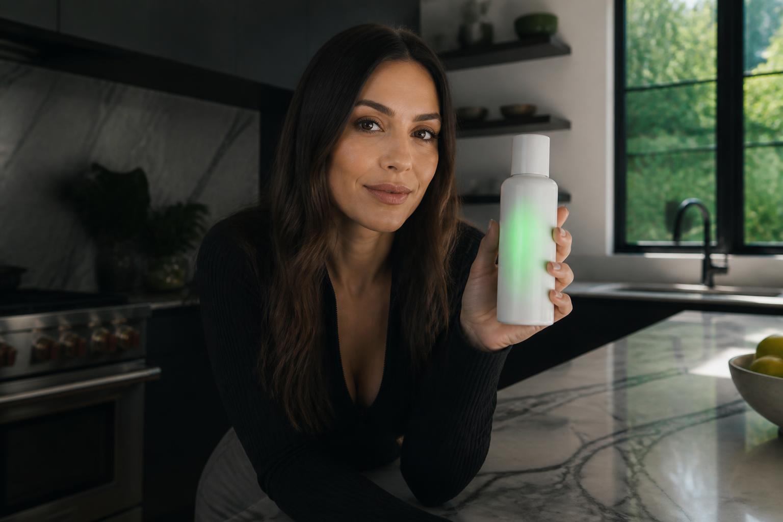 The locked avatar placed in a lifestyle kitchen scene holding a product in a UGC style frame