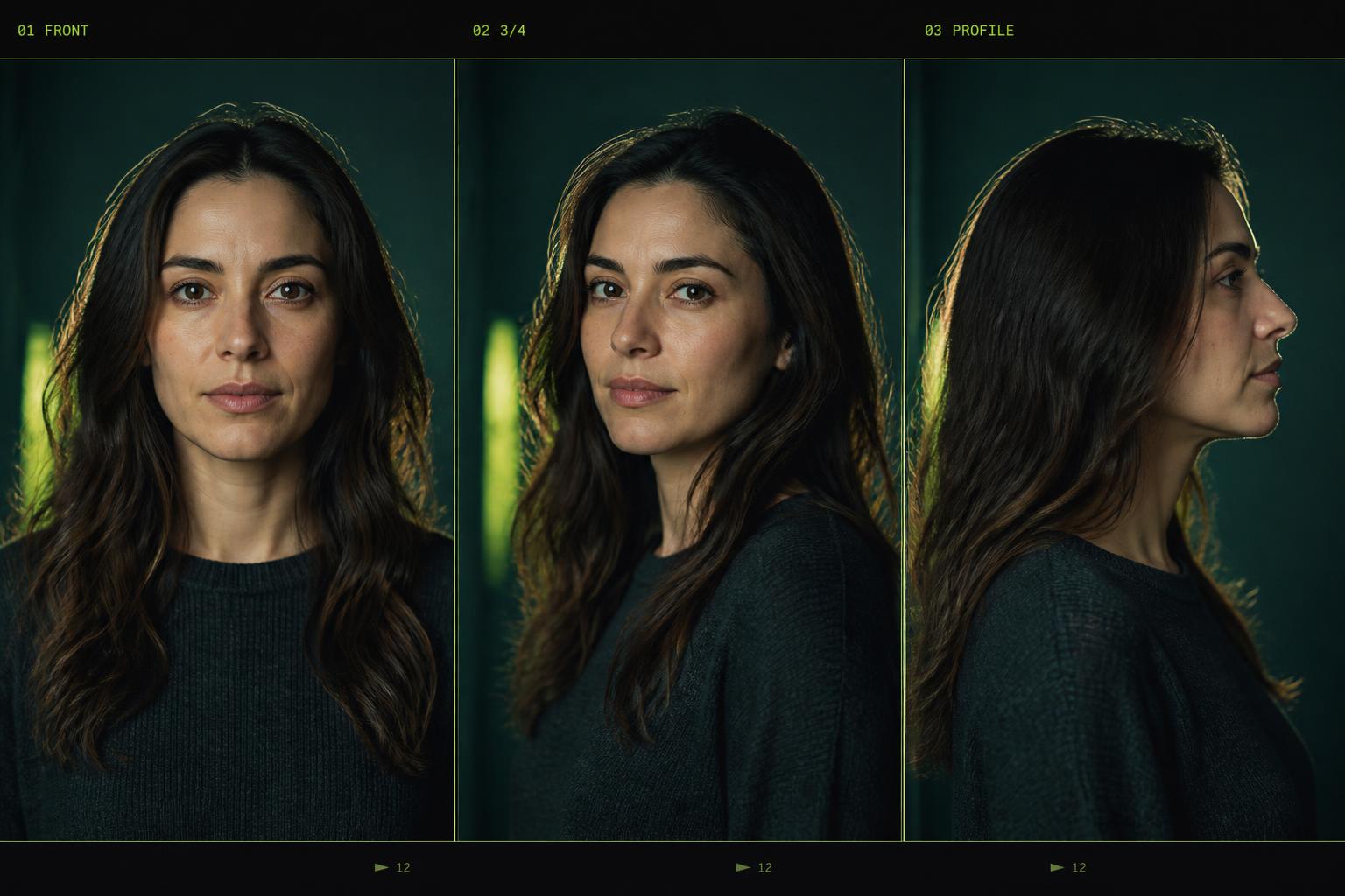 Three portrait reference frames of the same generated avatar, front, three quarter and profile