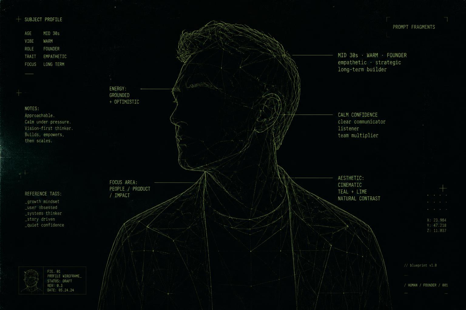Wireframe profile annotated with prompt descriptors that define an AI avatar