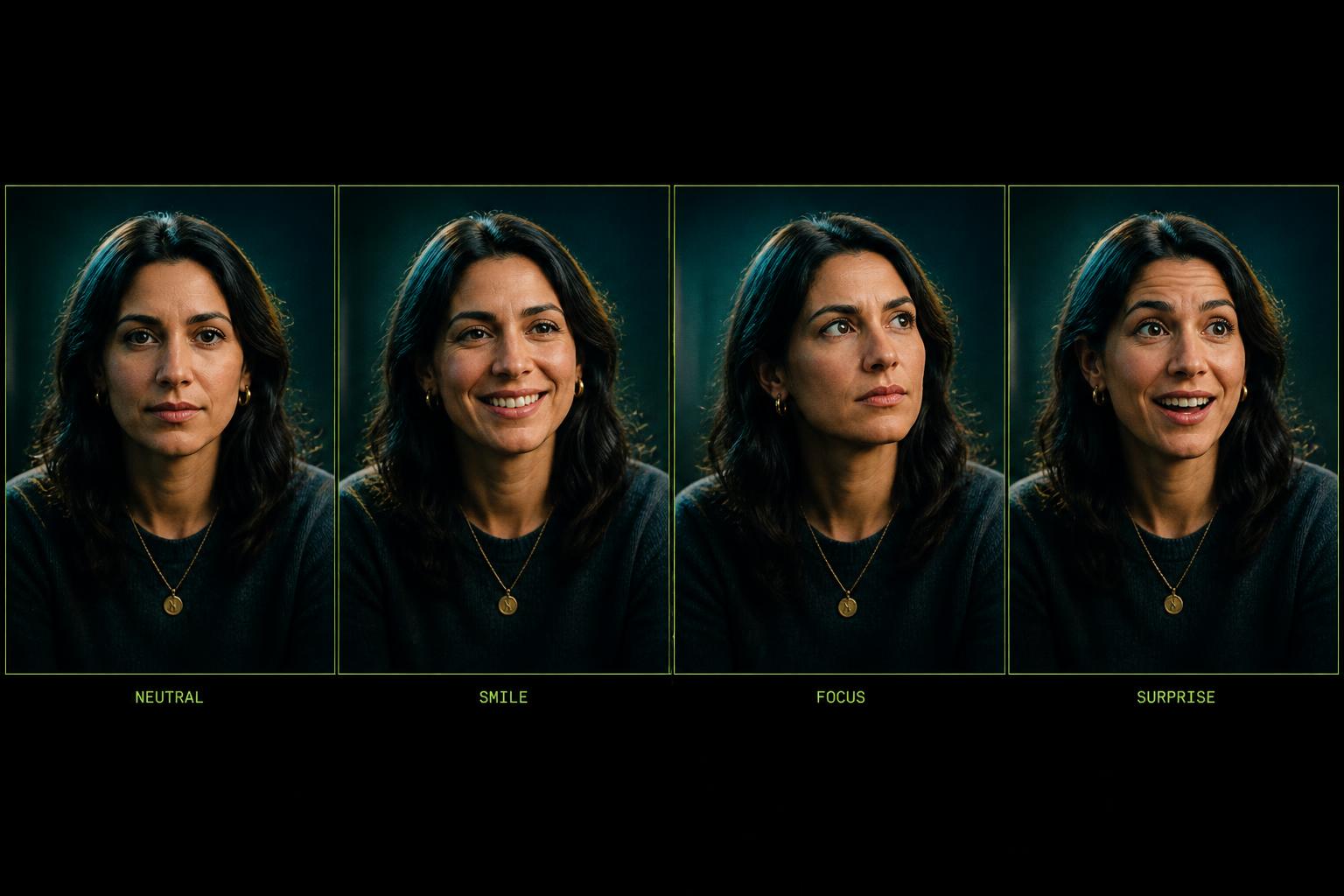 Four expression reference frames of the same avatar, neutral, smile, focused and surprised